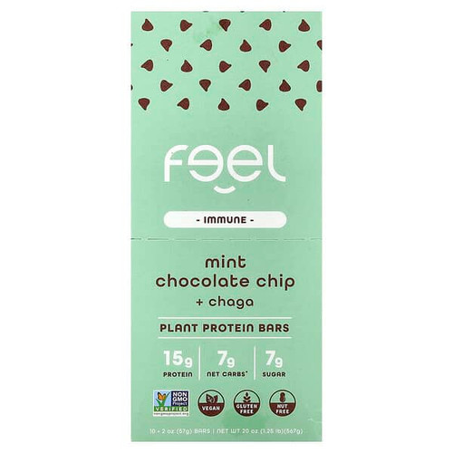 <img alt="The Feel Bar, Immune, Plant Protein Bars, Mint Chocolate Chip + Chaga, 10 Bars, 2 oz (57 g) Each" title="The Feel Bar, Immune, Plant Protein Bars, Mint Chocolate Chip + Chaga, 10 Bars, 2 oz (57 g) Each,197644440580"