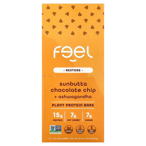 <img alt="The Feel Bar, Restore, Plant Protein Bars, Sunbutta Chocolate Chip + Ashwagandha, 10 Bars, 2 oz (57 g) Each" title="The Feel Bar, Restore, Plant Protein Bars, Sunbutta Chocolate Chip + Ashwagandha, 10 Bars, 2 oz (57 g) Each,860006919771"