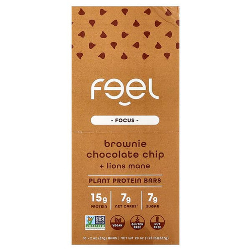 <img alt="The Feel Bar, Focus, Plant Protein Bars, Brownie Chocolate Chip + Lions Mane, 10 Bars, 2 oz (57 g) Each" title="The Feel Bar, Focus, Plant Protein Bars, Brownie Chocolate Chip + Lions Mane, 10 Bars, 2 oz (57 g) Each,860006919740"