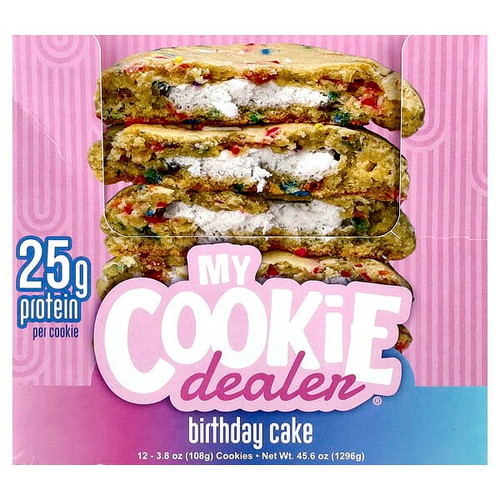 <img alt="My Cookie Dealer Protein, Protein Cookie, Birthday Cake, 12 Cookies, 3.8 oz (108 g) Each" title="My Cookie Dealer Protein, Protein Cookie, Birthday Cake, 12 Cookies, 3.8 oz (108 g) Each,850069104665"