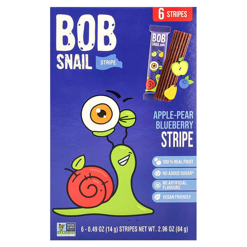 <img alt="Bob Snail, Fruit Stripe, Apple-Pear-Blueberry, 6 Stripes, 0.49 oz (14 g) Each" title="Bob Snail, Fruit Stripe, Apple-Pear-Blueberry, 6 Stripes, 0.49 oz (14 g) Each,628693669481"