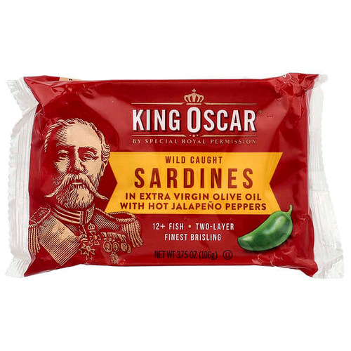 <img alt="King Oscar, Wild Caught Sardines In Extra Virgin Olive Oil With Hot Jalapeno Peppers, Two Layer, 3.75 oz (106 g)" title="King Oscar, Wild Caught Sardines In Extra Virgin Olive Oil With Hot Jalapeno Peppers, Two Layer, 3.75 oz (106 g),034800006566"