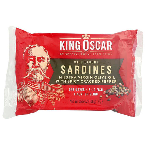 <img alt="King Oscar, Wild Caught Sardines In Extra Virgin Olive Oil With Spicy Cracked Pepper, One Layer, 3.75 oz (106 g)" title="King Oscar, Wild Caught Sardines In Extra Virgin Olive Oil With Spicy Cracked Pepper, One Layer, 3.75 oz (106 g),034800006559"