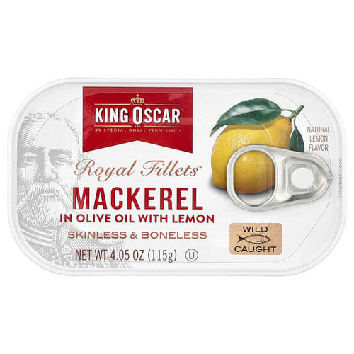 <img alt="King Oscar, Royal Fillets, Mackerel in Olive Oil with Lemon, 4.05 oz (115 g)" title="King Oscar, Royal Fillets, Mackerel in Olive Oil with Lemon, 4.05 oz (115 g),034800600979"