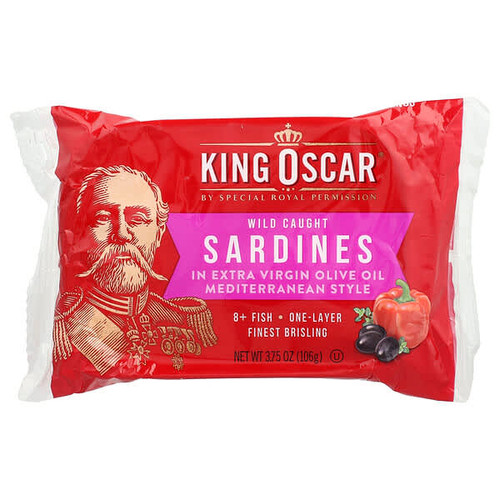 <img alt="King Oscar, Wild Caught Sardines in Extra Virgin Olive Oil, Mediterranean Style, 3.75 oz (106 g)" title="King Oscar, Wild Caught Sardines in Extra Virgin Olive Oil, Mediterranean Style, 3.75 oz (106 g),034800006412"