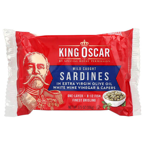 <img alt="King Oscar, Wild Caught Sardines In Extra Virgin Olive Oil, White Wine Vinegar & Capers, 3.75 oz (106 g)" title="King Oscar, Wild Caught Sardines In Extra Virgin Olive Oil, White Wine Vinegar & Capers, 3.75 oz (106 g),034800006436"