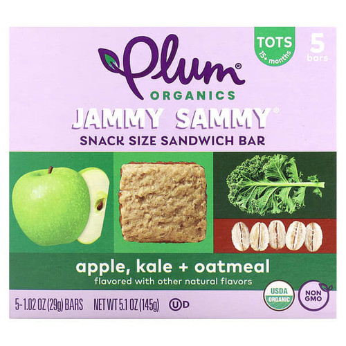 <img alt="Plum Organics, Jammy Sammy, Snack Size Sandwich Bar, 15 Months and Up, Apple, Kale + Oatmeal, 5 Bars, 1.02 oz (29 g) Each" title="Plum Organics, Jammy Sammy, Snack Size Sandwich Bar, 15 Months and Up, Apple, Kale + Oatmeal, 5 Bars, 1.02 oz (29 g) Each,846675014030"