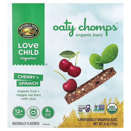 <img alt="Love Child Organics, Natures Path, Oaty Chomps Organic Bars, 12+ Months, Cherry + Spinach, 5 Individually Wrapped Bars, 0.8 oz (23 g) Each" title="Love Child Organics, Natures Path, Oaty Chomps Organic Bars, 12+ Months, Cherry + Spinach, 5 Individually Wrapped Bars, 0.8 oz (23 g) Each,058449252832"