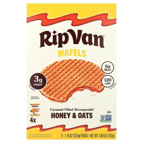 <img alt="Rip Van Wafels, Caramel Filled Stroopwafel, Honey & Oat, 4 Packs, 1.16 oz (33 g) Each" title="Rip Van Wafels, Caramel Filled Stroopwafel, Honey & Oat, 4 Packs, 1.16 oz (33 g) Each,850007857981"