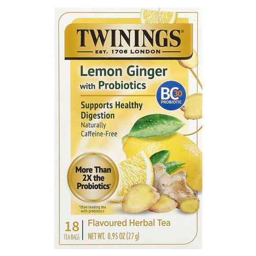 <img alt="Twinings, Flavored Herbal Tea, Lemon Ginger With Probiotics, Caffeine-Free, 18 Tea Bags, 0.95 oz (27 g)" title="Twinings, Flavored Herbal Tea, Lemon Ginger With Probiotics, Caffeine-Free, 18 Tea Bags, 0.95 oz (27 g),070177229245"