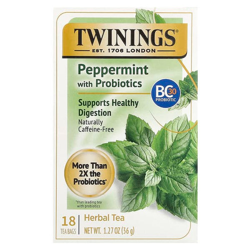 <img alt="Twinings, Herbal Tea, Peppermint with Probiotics, Caffeine-Free, 18 Tea Bags, 1.27 oz (36 g)" title="Twinings, Herbal Tea, Peppermint with Probiotics, Caffeine-Free, 18 Tea Bags, 1.27 oz (36 g),070177228033"