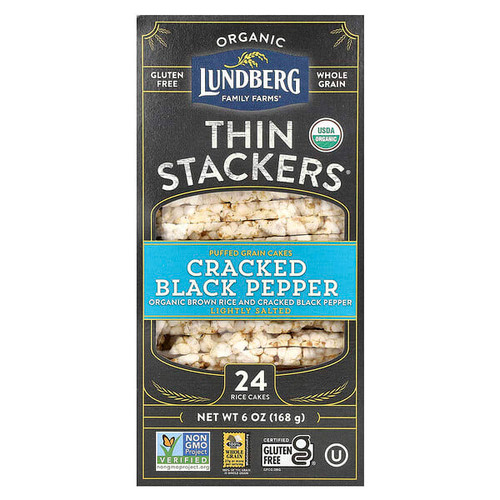 <img alt="Lundberg, Organic Thin Stackers, Puffed Grain Cakes, Cracked Black Pepper, Lightly Salted, 24 Rice Cakes, 6 oz (168 g)" title="Lundberg, Organic Thin Stackers, Puffed Grain Cakes, Cracked Black Pepper, Lightly Salted, 24 Rice Cakes, 6 oz (168 g),073416553002"