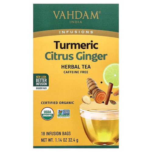 <img alt="VAHDAM India, Infusions, Herbal Tea, Turmeric Citrus Ginger, Caffeine Free, 18 Infusion Bags, 1.14 oz (32.4 g)" title="VAHDAM India, Infusions, Herbal Tea, Turmeric Citrus Ginger, Caffeine Free, 18 Infusion Bags, 1.14 oz (32.4 g),810131831745"