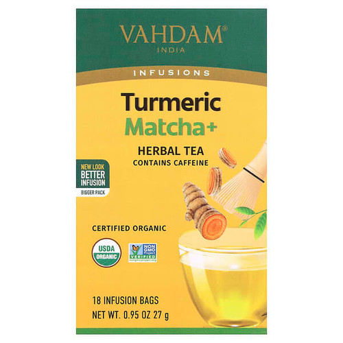 <img alt="VAHDAM India, Infusions, Herbal Tea, Turmeric Matcha+, 18 Infusion Bags, 0.95 oz (27 g)" title="VAHDAM India, Infusions, Herbal Tea, Turmeric Matcha+, 18 Infusion Bags, 0.95 oz (27 g),810131833008"