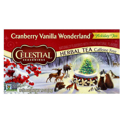 <img alt="Celestial Seasonings, Holiday Herbal Tea, Cranberry Vanilla Wonderland, Caffeine Free, 18 Tea Bags, 1.3 oz (38 g)" title="Celestial Seasonings, Holiday Herbal Tea, Cranberry Vanilla Wonderland, Caffeine Free, 18 Tea Bags, 1.3 oz (38 g),070734527852"