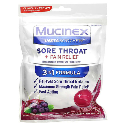 <img alt="Mucinex, InstaSoothe, Sore Throat + Pain Relief, Elderberry & Wild Cherry, 2 mg, 40 Medicated Drops" title="Mucinex, InstaSoothe, Sore Throat + Pain Relief, Elderberry & Wild Cherry, 2 mg, 40 Medicated Drops,363824215686"