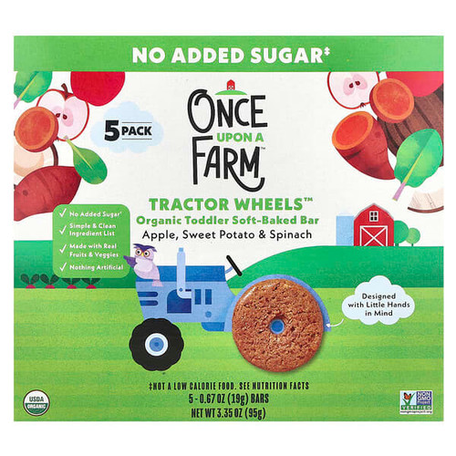 <img alt="Once Upon A Farm, Tractor Wheels, Organic Toddler Soft-Baked Bar, Apple, Sweet Potato & Spinach, 5 Pack, 0.67 oz (19 g) Each" title="Once Upon A Farm, Tractor Wheels, Organic Toddler Soft-Baked Bar, Apple, Sweet Potato & Spinach, 5 Pack, 0.67 oz (19 g) Each,810003512604"