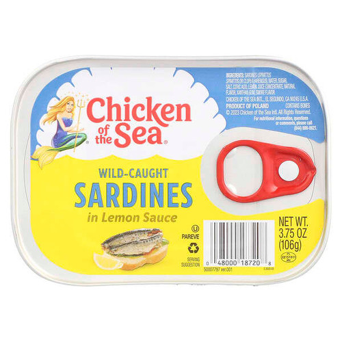 <img alt="3 PACK of Chicken of the Sea, Wild-Caught Sardines in Lemon Sauce, 3.75 oz (106 g)" title="3 PACK of Chicken of the Sea, Wild-Caught Sardines in Lemon Sauce, 3.75 oz (106 g),048000187208"