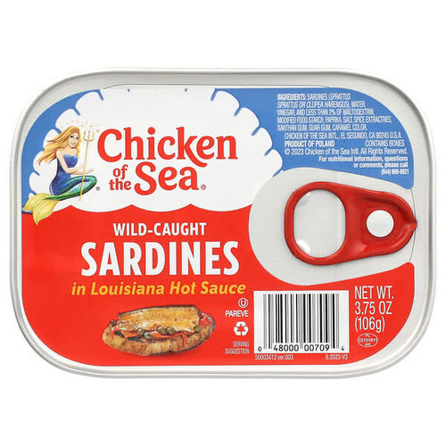 <img alt="3 PACK of Chicken of the Sea, Wild-Caught Sardines in Louisiana Hot Sauce, 3.75 oz (106 g)" title="3 PACK of Chicken of the Sea, Wild-Caught Sardines in Louisiana Hot Sauce, 3.75 oz (106 g),048000007094"