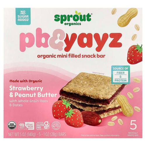 <img alt="Sprout Organics, PB & Yayz, Organic Mini Filled Snack Bar, Kids 2+ Years, Strawberry & Peanut Butter, 5 Bars, 1 oz (28 g) Each" title="Sprout Organics, PB & Yayz, Organic Mini Filled Snack Bar, Kids 2+ Years, Strawberry & Peanut Butter, 5 Bars, 1 oz (28 g) Each,818512018778"