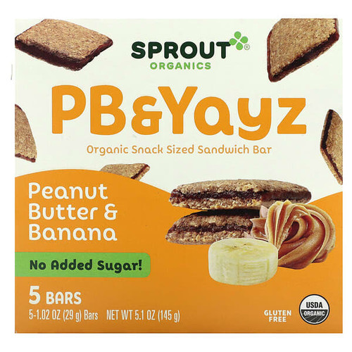 <img alt="Sprout Organics, PB & Yayz, Organic Snack Sized Sandwich Bar, Peanut Butter & Banana, 5 Bars, 1.02 oz (29 g) Each" title="Sprout Organics, PB & Yayz, Organic Snack Sized Sandwich Bar, Peanut Butter & Banana, 5 Bars, 1.02 oz (29 g) Each,818512018815"