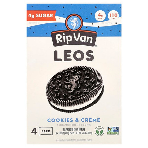 <img alt="Rip Van Wafels, Leos, Sandwich Creme Cookie, Cookies & Creme, 4 Packs, 1.69 oz (48 g) Each" title="Rip Van Wafels, Leos, Sandwich Creme Cookie, Cookies & Creme, 4 Packs, 1.69 oz (48 g) Each,850020705931"