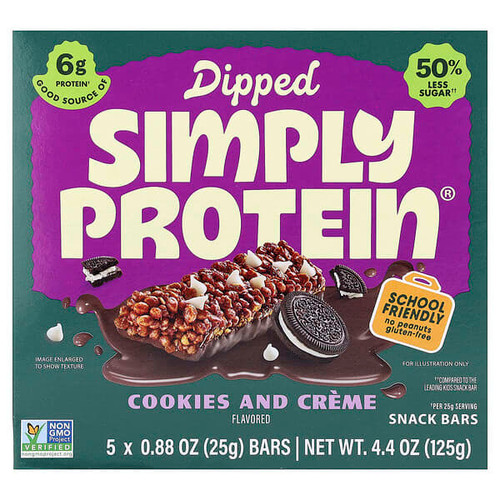 <img alt="Simply Protein, Dipped Snack Bars, Cookies & Creme, 5 Bars, 0.88 oz (25 g) Each" title="Simply Protein, Dipped Snack Bars, Cookies & Creme, 5 Bars, 0.88 oz (25 g) Each,686207401248"