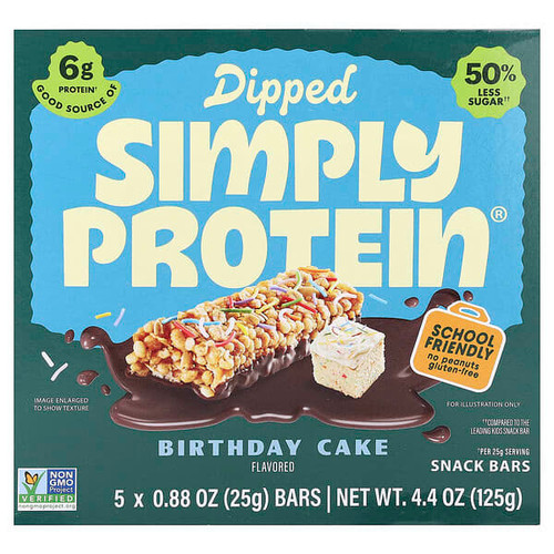 <img alt="Simply Protein, Dipped Snack Bars, Birthday Cake, 5 Bars, 0.88 oz (25 g) Each" title="Simply Protein, Dipped Snack Bars, Birthday Cake, 5 Bars, 0.88 oz (25 g) Each,686207401262"
