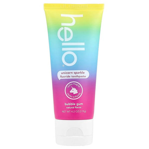 <img alt="Hello, Kids, Fluoride Toothpaste, Unicorn Sparkle, Ages 2+, Bubble Gum, 4.2 oz (119 g)" title="Hello, Kids, Fluoride Toothpaste, Unicorn Sparkle, Ages 2+, Bubble Gum, 4.2 oz (119 g),819156021742"