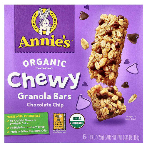 <img alt="Annies Homegrown, Organic Chewy Granola Bars, Chocolate Chip, 6 Bars, 0.89 oz (25 g) Each" title="Annies Homegrown, Organic Chewy Granola Bars, Chocolate Chip, 6 Bars, 0.89 oz (25 g) Each,013562002603"