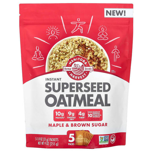 <img alt="Manitoba Harvest, Instant Superseed Oatmeal, Maple & Brown Sugar, 5 Packets, 1.8 oz (51 g) Each" title="Manitoba Harvest, Instant Superseed Oatmeal, Maple & Brown Sugar, 5 Packets, 1.8 oz (51 g) Each,697658201837"