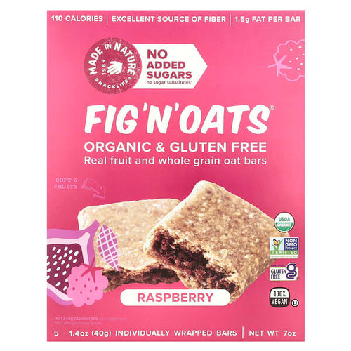 <img alt="Made in Nature, Fig N Oats, Raspberry, 5 Individually Wrapped Bars, 1.4 oz (40 g) Each" title="Made in Nature, Fig N Oats, Raspberry, 5 Individually Wrapped Bars, 1.4 oz (40 g) Each,720379001766"
