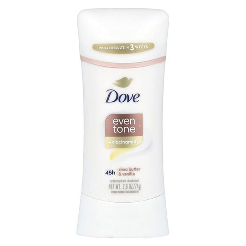 <img alt="Dove, Even Tone + Niacinamide, Antiperspirant Deodorant, Shea Butter & Vanilla, 2.6 oz (74 g)" title="Dove, Even Tone + Niacinamide, Antiperspirant Deodorant, Shea Butter & Vanilla, 2.6 oz (74 g),079400505279"