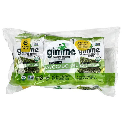 <img alt="gimMe, Roasted Seaweed Snacks, Sea Salt & Avocado Oil, 6 Trays, 0.16 oz (4.5 g) Each" title="gimMe, Roasted Seaweed Snacks, Sea Salt & Avocado Oil, 6 Trays, 0.16 oz (4.5 g) Each,851093004488"