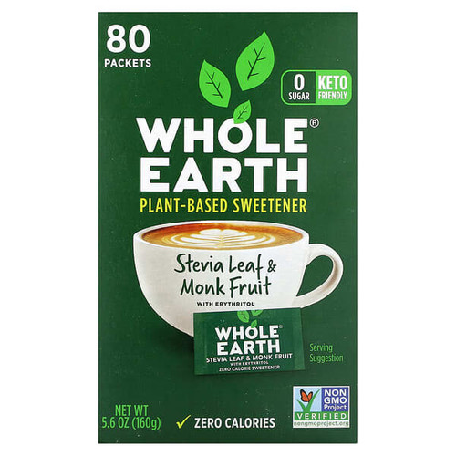 <img alt="Whole Earth, Stevia Leaf & Monk Fruit with Erythritol, 80 Packets, 5.6 oz (160 g)" title="Whole Earth, Stevia Leaf & Monk Fruit with Erythritol, 80 Packets, 5.6 oz (160 g),858982001399"