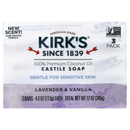 <img alt="Kirks, 100% Premium Coconut Oil Castile Bar Soap, Lavender & Vanilla, 3 Bars, 4 oz (113 g) Each" title="Kirks, 100% Premium Coconut Oil Castile Bar Soap, Lavender & Vanilla, 3 Bars, 4 oz (113 g) Each,639844110387"