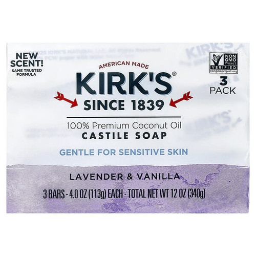 <img alt="Kirks, 100% Premium Coconut Oil Castile Bar Soap, Lavender & Vanilla, 3 Bars, 4 oz (113 g) Each" title="Kirks, 100% Premium Coconut Oil Castile Bar Soap, Lavender & Vanilla, 3 Bars, 4 oz (113 g) Each,639844110387"