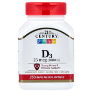 <img alt="21st Century, Vitamin D3, 25 mcg (1,000 IU), 250 Rapid Release Softgels" title="21st Century, Vitamin D3, 25 mcg (1,000 IU), 250 Rapid Release Softgels,740985274156"