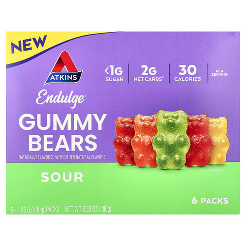 <img alt="Atkins, Endulge, Gummy Bears, Sour, 6 Packs, 1.06 oz (30 g) Each" title="Atkins, Endulge, Gummy Bears, Sour, 6 Packs, 1.06 oz (30 g) Each,637480002882"