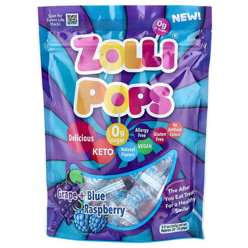 <img alt="Zollipops, The Clean Teeth Pops, Grape + Blue Raspberry, Approx. 23-25 pops, 5.2 oz (147 g)" title="Zollipops, The Clean Teeth Pops, Grape + Blue Raspberry, Approx. 23-25 pops, 5.2 oz (147 g),853231003377"