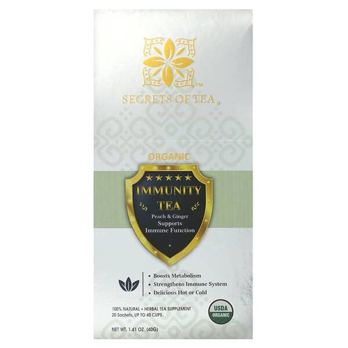 <img alt="Secrets of Tea, Organic Immunity Tea, Peach & Ginger, 20 Sachets, 1.41 oz (40 g)" title="Secrets of Tea, Organic Immunity Tea, Peach & Ginger, 20 Sachets, 1.41 oz (40 g),850302006237"