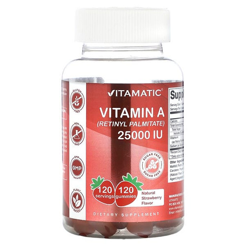 <img alt="Vitamatic, Vitamin A (Retinyl Palmitate), Natural Strawberry, 25,000 IU, 120 Gummies" title="Vitamatic, Vitamin A (Retinyl Palmitate), Natural Strawberry, 25,000 IU, 120 Gummies,810078472551"