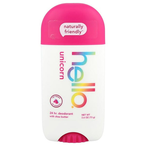 <img alt="Hello, 24 Hr Deodorant with Shea Butter, Unicorn, 2.6 oz (73 g)" title="Hello, 24 Hr Deodorant with Shea Butter, Unicorn, 2.6 oz (73 g),819156023050"