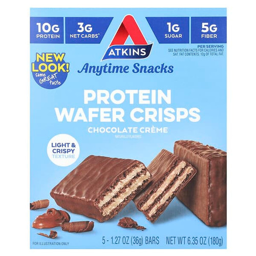 <img alt="Atkins, Anytime Snacks, Protein Wafer Crisps, Chocolate Creme, 5 Bars, 1.27 oz (36 g) Each" title="Atkins, Anytime Snacks, Protein Wafer Crisps, Chocolate Creme, 5 Bars, 1.27 oz (36 g) Each,637480000727"