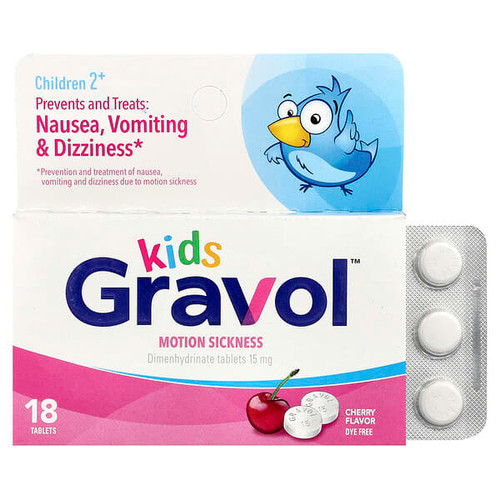 <img alt="Gravol, Kids, Motion Sickness, Children 2+, Cherry, 15 mg, 18 Tablets" title="Gravol, Kids, Motion Sickness, Children 2+, Cherry, 15 mg, 18 Tablets,022600002840"