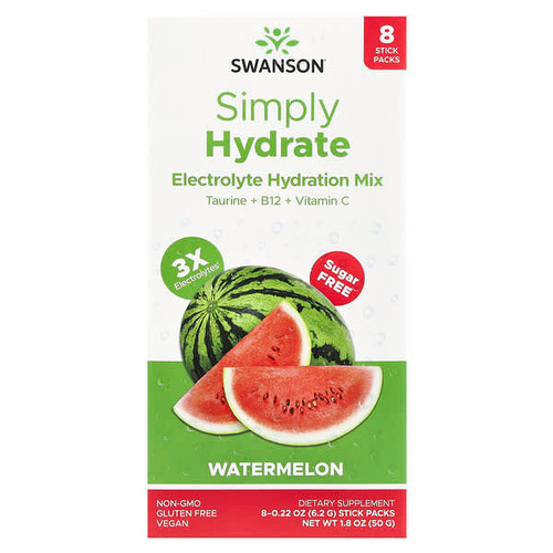 <img alt="Swanson Vitamins, Simply Hydrate, Electrolyte Hydration Mix, Watermelon, 8 Stick Packs 0.22 oz (6.2 g) Each" title="Swanson Vitamins, Simply Hydrate, Electrolyte Hydration Mix, Watermelon, 8 Stick Packs 0.22 oz (6.2 g) Each,087614119397"