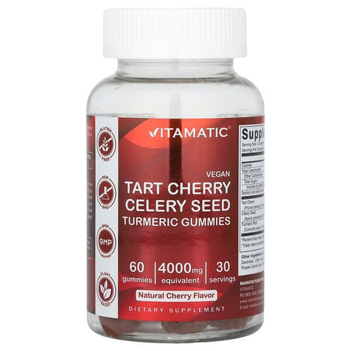 <img alt="Vitamatic, Vegan, Tart Cherry Celery Seed Turmeric Gummies, Natural Cherry, 60 Gummies" title="Vitamatic, Vegan, Tart Cherry Celery Seed Turmeric Gummies, Natural Cherry, 60 Gummies,810078471134"