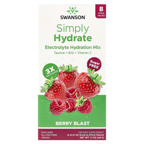 <img alt="Swanson Vitamins, Simply Hydrate, Electrolyte Hydration Mix, Berry Blast, 8 Stick Packs 0.21 oz (6.04 g) Each" title="Swanson Vitamins, Simply Hydrate, Electrolyte Hydration Mix, Berry Blast, 8 Stick Packs 0.21 oz (6.04 g) Each,087614119434"