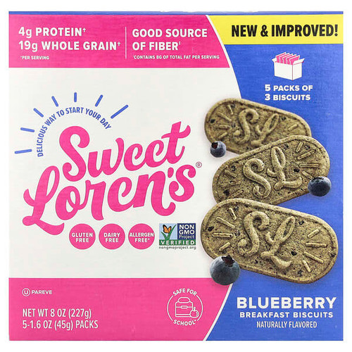 <img alt="Sweet Lorens, Breakfast Biscuits, Blueberry, 5 Packs, 1.6 oz (45 g) Each" title="Sweet Lorens, Breakfast Biscuits, Blueberry, 5 Packs, 1.6 oz (45 g) Each,850010272191"