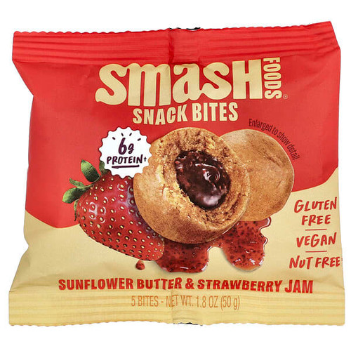 <img alt="3 PACK of Smash Foods, Snack Bites, Sunflower Butter & Strawberry Jam, 5 Bites, 1.8 oz (50 g)" title="3 PACK of Smash Foods, Snack Bites, Sunflower Butter & Strawberry Jam, 5 Bites, 1.8 oz (50 g),850055550261"
